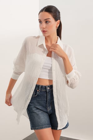 Kadın Çizgili Oversize Gömlek 20409 - Beyaz