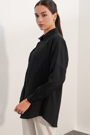 Kadın Pul Detaylı Çizgili Oversize Gömlek 20411 - Siyah