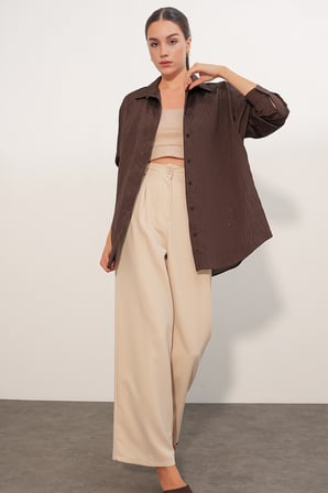 Kadın Pul Detaylı Çizgili Oversize Gömlek 20411 - Kahverengi