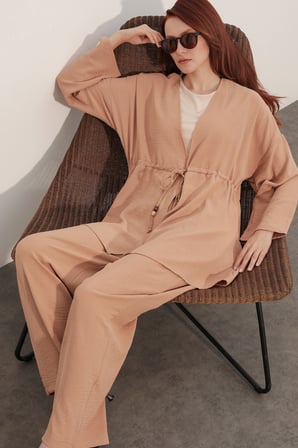 Kadın Ayrobin Kimono Pantolon İkili Takım 30101 - Vizon