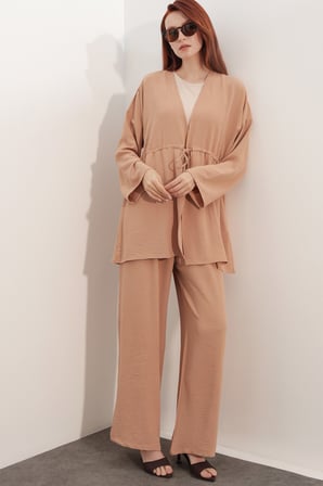 Kadın Ayrobin Kimono Pantolon İkili Takım 30101 - Vizon