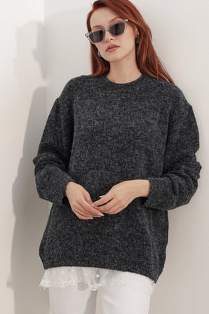 Kadın Tül Detaylı Oversize Triko Kazak 15968 - Siyah