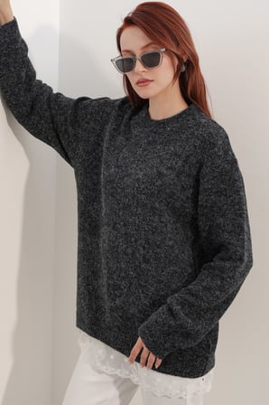 Kadın Tül Detaylı Oversize Triko Kazak 15968 - Siyah