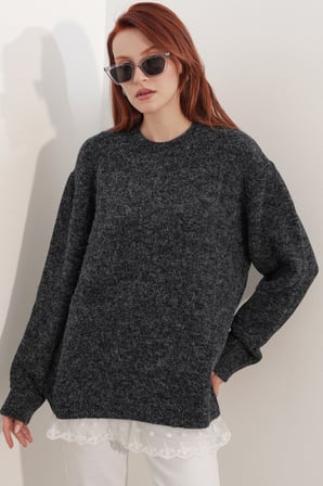 Kadın Tül Detaylı Oversize Triko Kazak 15968 - Siyah