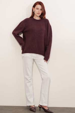 Kadın Tül Detaylı Oversize Triko Kazak 15968 - Bordo