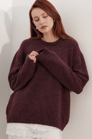Kadın Tül Detaylı Oversize Triko Kazak 15968 - Bordo