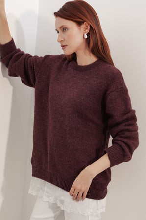 Kadın Tül Detaylı Oversize Triko Kazak 15968 - Bordo
