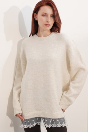 Kadın Tül Detaylı Oversize Triko Kazak 15968 - Krem