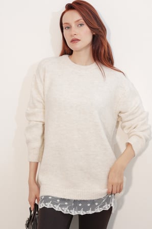 Kadın Tül Detaylı Oversize Triko Kazak 15968 - Krem