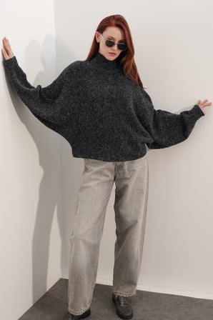 Kadın Yarasa Kol Oversize Triko Kazak 15969 - Siyah