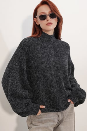 Kadın Yarasa Kol Oversize Triko Kazak 15969 - Siyah