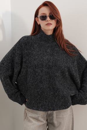 Kadın Yarasa Kol Oversize Triko Kazak 15969 - Siyah