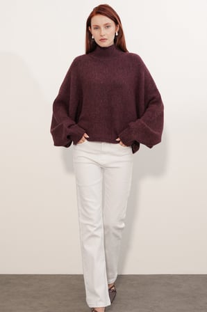 Kadın Yarasa Kol Oversize Triko Kazak 15969 - Bordo