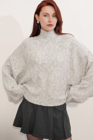 Kadın Yarasa Kol Oversize Triko Kazak 15969 - Ekru