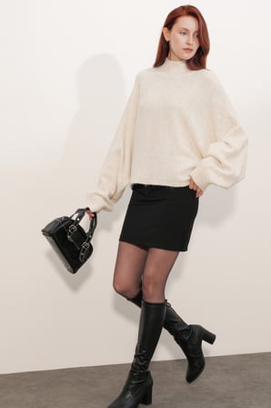 Kadın Yarasa Kol Oversize Triko Kazak 15969 - Krem