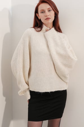 Kadın Yarasa Kol Oversize Triko Kazak 15969 - Krem