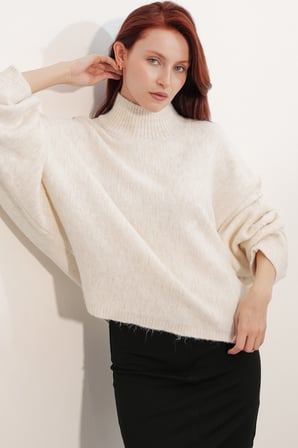 Kadın Yarasa Kol Oversize Triko Kazak 15969 - Krem