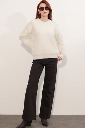 Kadın Desenli Oversize Kazak 15970 - Krem