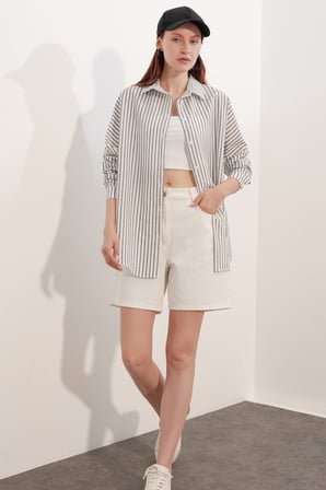 Kadın Oversize Çizgili Gömlek 20412 - Siyah