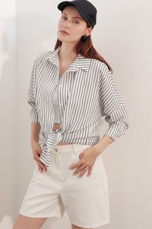 Kadın Oversize Çizgili Gömlek 20412 - Siyah