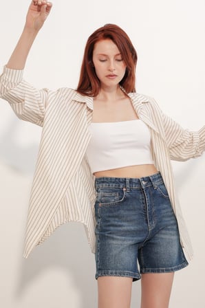 Kadın Oversize Çizgili Gömlek 20412 - Kahverengi