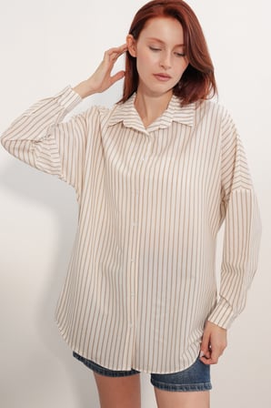 Kadın Oversize Çizgili Gömlek 20412 - Kahverengi