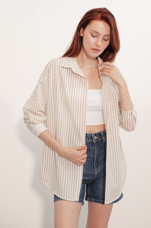 Kadın Oversize Çizgili Gömlek 20412 - Kahverengi