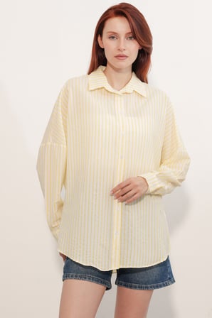 Kadın Oversize Çizgili Gömlek 20412 - Sarı