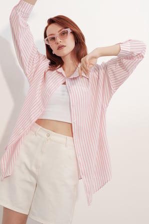 Kadın Oversize Çizgili Gömlek 20412 - Pembe