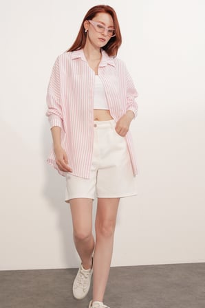 Kadın Oversize Çizgili Gömlek 20412 - Pembe