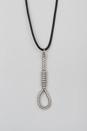 Halat - Urgan - İdam Düğümü Siyah Deri İp Kolye - Antik Gümüş Kaplama - Kadın Erkek - 60 cm