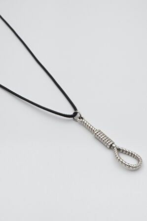 Halat - Urgan - İdam Düğümü Siyah Deri İp Kolye - Antik Gümüş Kaplama - Kadın Erkek - 60 cm