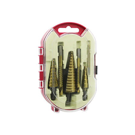 6PCS  KADEMELİ MATKAP UCU SETİ HSS ADIM - DÜZ OLUK - KONİK DELİCİ KIRMIZI PLS.AYAKLI KUTU - ŞEFFAF KAPAK (5042)