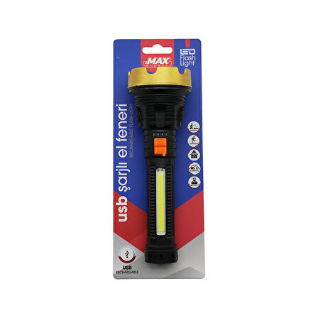 ORTA=19CM 2İN1= OSL LED - COB LED USB ŞARJLI EL FENERİ 3-KADEME IŞIK - FLAŞÖR ŞARJ GÖSTERGE (5042)