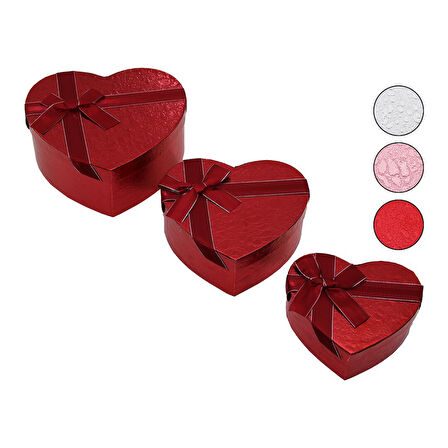 3PCS   KALP  PARLAK RENKLİ - KABARTMA DESEN KARTON HEDİYE KUTUSU KURDELALI  15-18-21CM (5042)