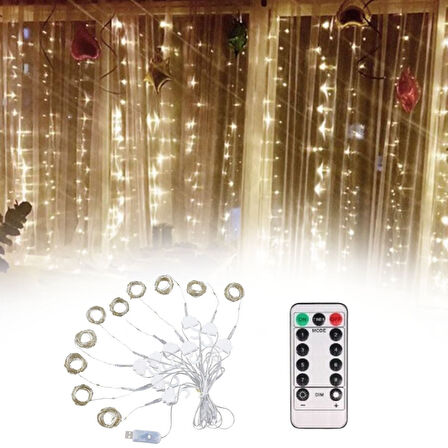 Uzaktan Kumandalı LED Perdeye Takılabilen Kancalı Işık Usb 3x3 Metre Peri Perde LED (5042)