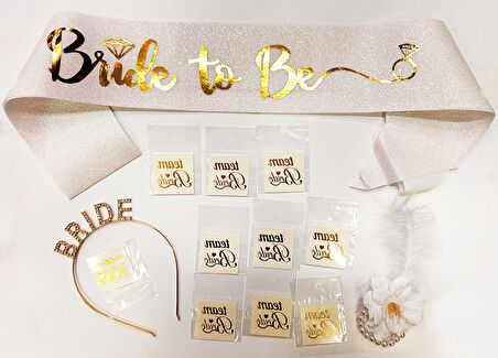 Altın Renk Bride Partisi Taç Kuşak Dövme Bileklik Seti Full 13 Parça (5042)