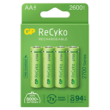GP RECYKO AA 2600 MAH ŞARJLI 4LÜ PİL GP270AAHCE-2EB4 (GPRHC272E001) (5042)