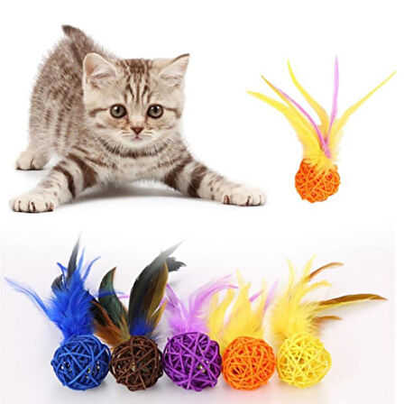 2li Rattan Renkli Peluş Tüy Kedi Köpek Oyuncak Yakalama Çiğneme Çıngıraklı Top Oyuncağı (5042)