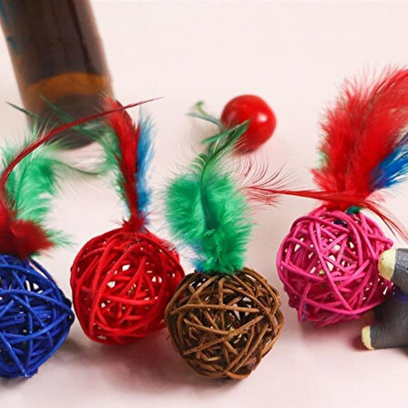 2li Rattan Renkli Peluş Tüy Kedi Köpek Oyuncak Yakalama Çiğneme Çıngıraklı Top Oyuncağı (5042)