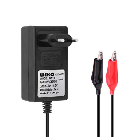 7.2 VOLT - 1 AMPER KROKODİL UÇLU PRİZ TİP KIRMIZI YEŞİL LEDLİ YERLİ ÜRETİM AKÜ ŞARJ ADAPTÖRÜ (OUT:6V1A) (5042)