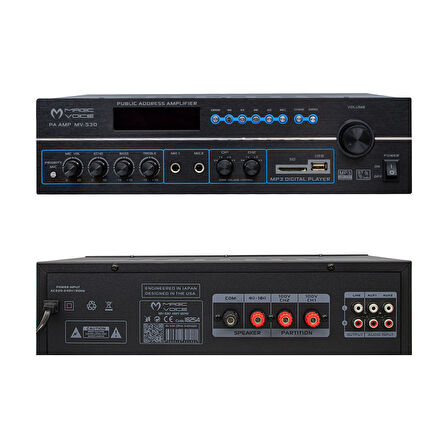 MAGICVOICE MV-530 120 WATT USB/SD/UK BLUETOOH 3 MİK GİRİŞLİ 2 BÖLGELİ HAT TRAFOLU ANFİ (5042)