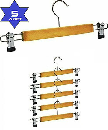 Ahşap Pantolon ve Etek Askısı Mandallı Klipsli Askı (5 Adet) (5042)