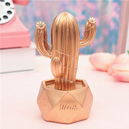 Led Işıklı Sevimli Kaktüs Dekoratif Masa Lambası Mini Biblo Gece Lambası-GOLD (5042)