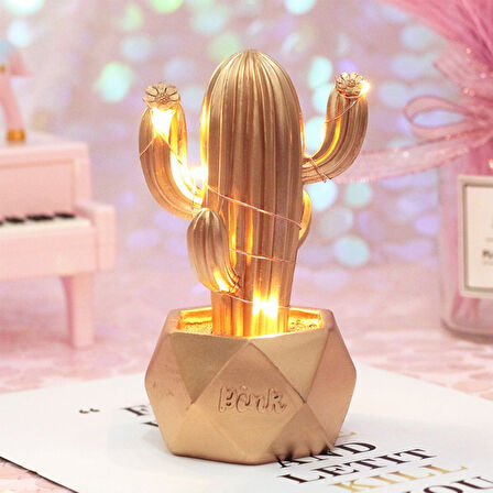 Led Işıklı Sevimli Kaktüs Dekoratif Masa Lambası Mini Biblo Gece Lambası-GOLD (5042)