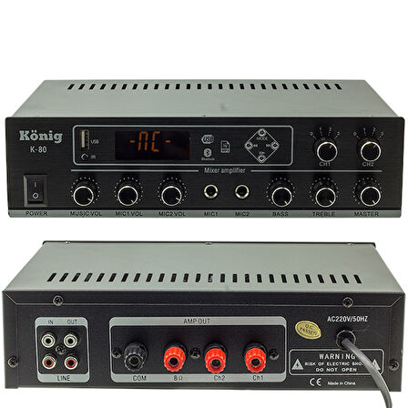 KÖNİG K-80 MİNİ-80W 100V/70V/4-16 OHM USB/SD/BLUETOOTH/2 BÖLGELİ 2 MİK.GİRİŞ TRAFOLU ANFİ (5042)