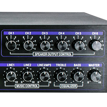 DEXUN D-400 500 W 100V/70V/4-16 OHM USB/SD/BT 6 BÖLGELİ 3 MİK 3 AUX GİRİŞLİ TRAFOLU MIXER ANFİ (5042)