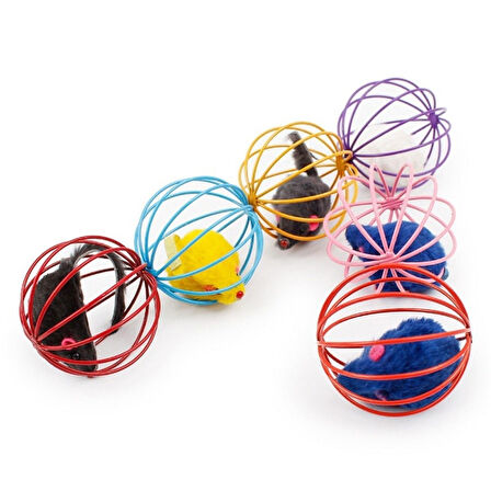 Renkli Metal Kafesli Peluş Fareli Kedi Köpek Oyuncağı Oyun Topu 6 cm (5042)