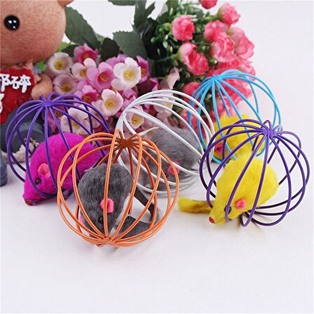 Renkli Metal Kafesli Peluş Fareli Kedi Köpek Oyuncağı Oyun Topu 6 cm (5042)