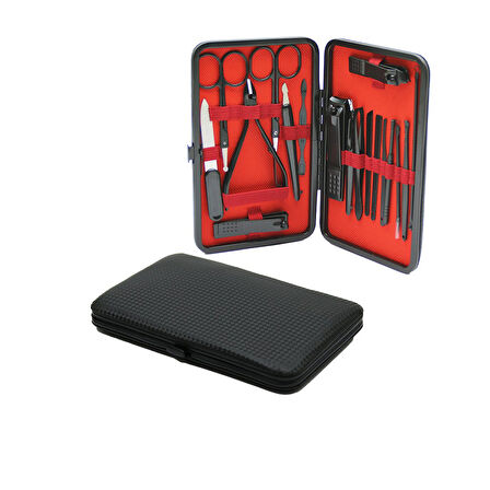 18PCS SİYAH DESENLİ MANİKÜR PEDİKÜR SETİ ÇANTA CÜZDAN MODELİ (5042)